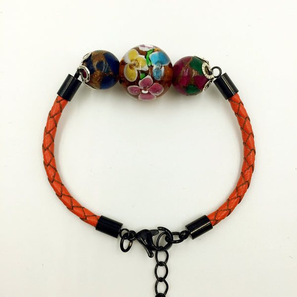 Triple Flower Brown and Gemstone Beads on Orange Leather,  - MRNEIO LLC