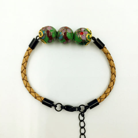 Triple Green Beads on Beige Leather,  - MRNEIO LLC