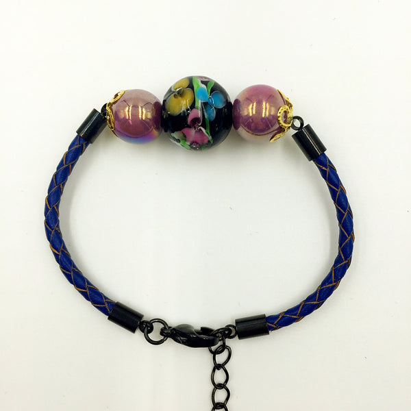 Triple Flower Black and Ceramic Beads on Navy Blue Leather,  - MRNEIO LLC