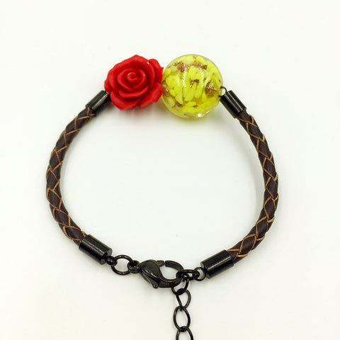 Flower Deco Yellow Bead on Brown Leather,  - MRNEIO LLC