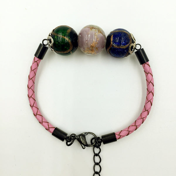 Triple Gold Leaf Purple and Stellar Green and Blue Beads on Pink Leather,  - MRNEIO LLC