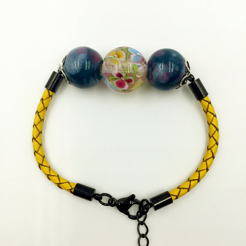 Triple Flower Pink and Ceramic Beads on Yellow Leather,  - MRNEIO LLC