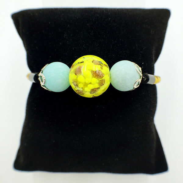 Turquoise Macaron Yellow Bead on Lemon Leather,  - MRNEIO LLC
