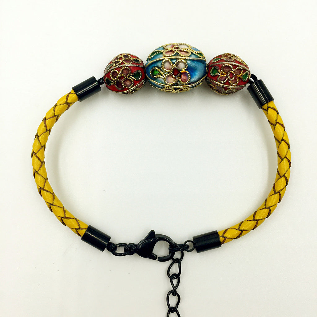 Triple Sky Blue and Red Beads on Lemon Leather,  - MRNEIO LLC