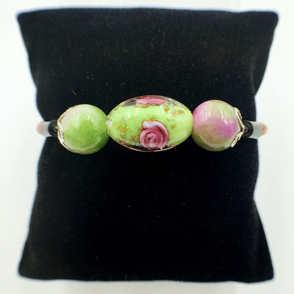 Triple Flower Green and Gemstone Beads on Orange Leather,  - MRNEIO LLC