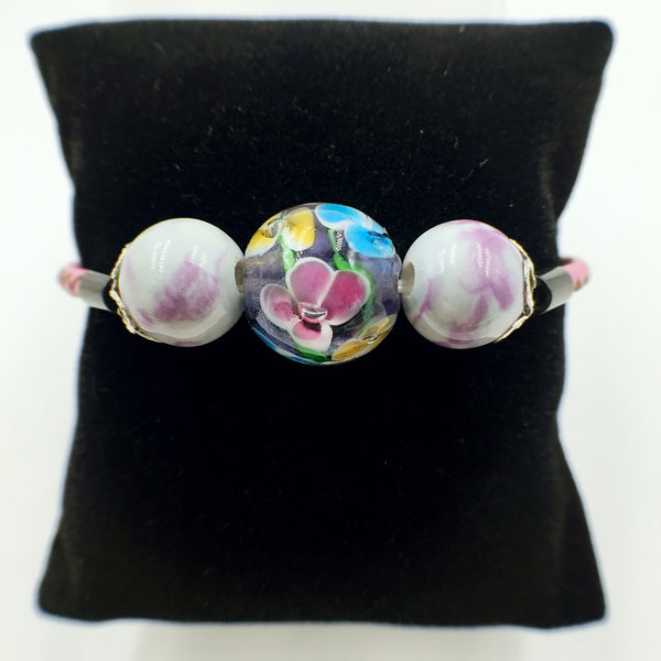 Triple Flower Purple and Ceramic Beads on Pink Leather,  - MRNEIO LLC