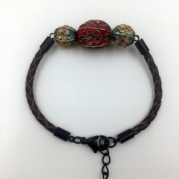 Triple Red and Sky Blue Beads on Brown Leather,  - MRNEIO LLC