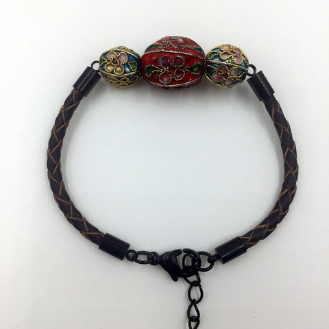 Triple Red and Sky Blue Beads on Brown Leather,  - MRNEIO LLC