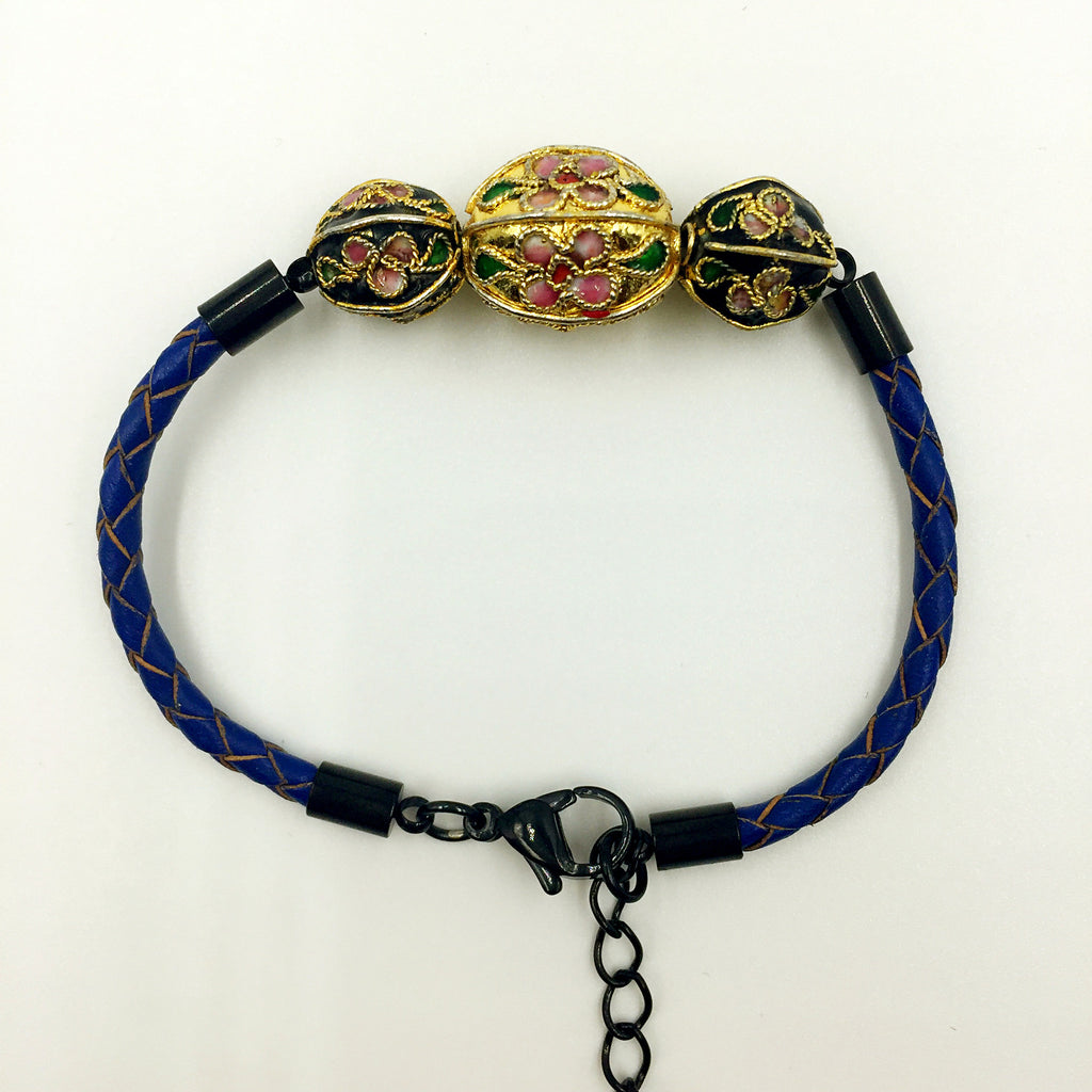 Triple Gold and Black Beads on Navy Blue Leather,  - MRNEIO LLC
