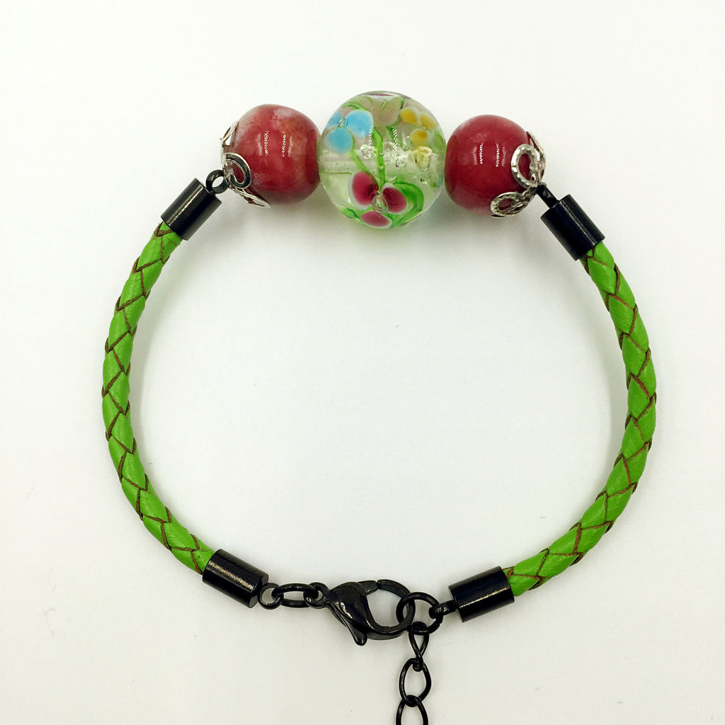 Triple Flower Green and Ceramic Beads on Green Leather,  - MRNEIO LLC