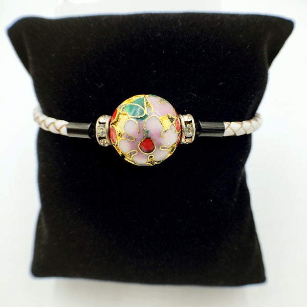 Single Golden Flower Bead on White Leather