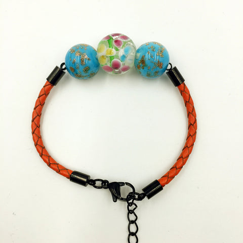 Triple Flower Clear and Gold Leaf Blue Beads on Orange Leather,  - MRNEIO LLC