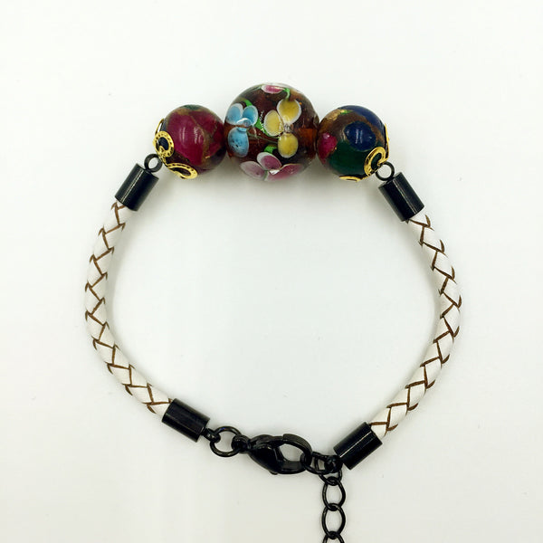 Triple Flower Brown and Gemstone Beads on White Leather,  - MRNEIO LLC