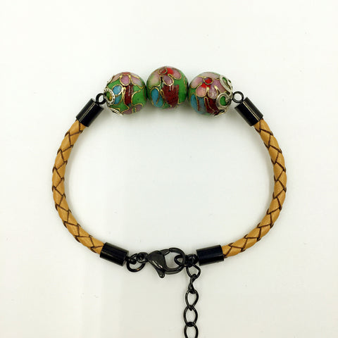 Triple Green Beads on Beige Leather,  - MRNEIO LLC