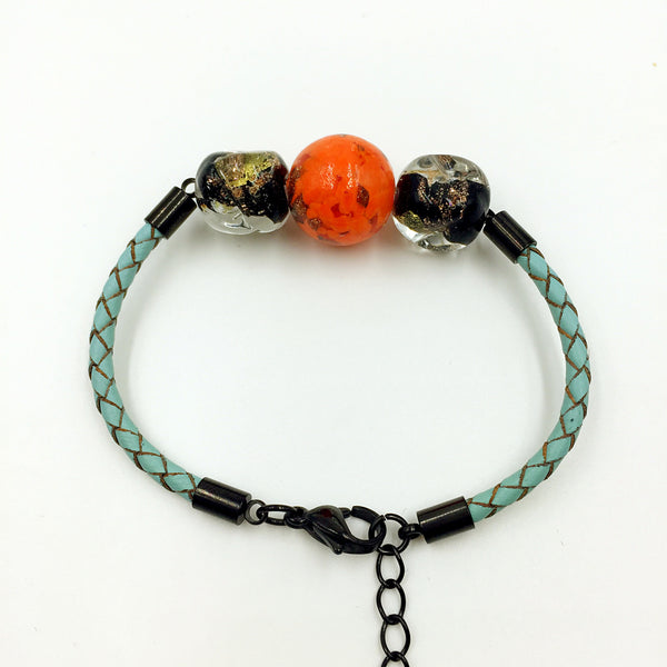 Triple Orange and Gold Leaf Black Beads on Turquoise Leather,  - MRNEIO LLC