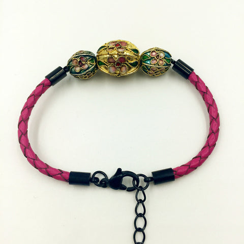 Triple Gold and Sky Blue Beads on Rose Red Leather,  - MRNEIO LLC