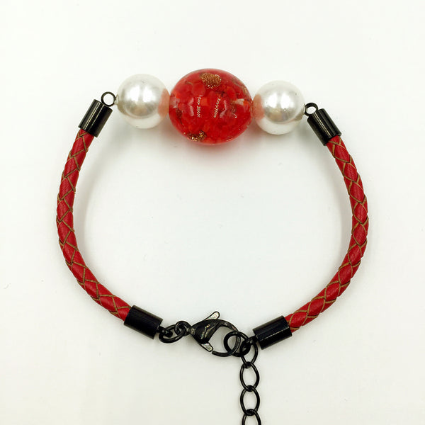 White Pearl Red Bead on Red Leather,  - MRNEIO LLC