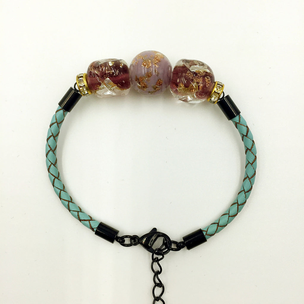 Triple Gold Leaf Purple Beads on Turquoise Leather,  - MRNEIO LLC