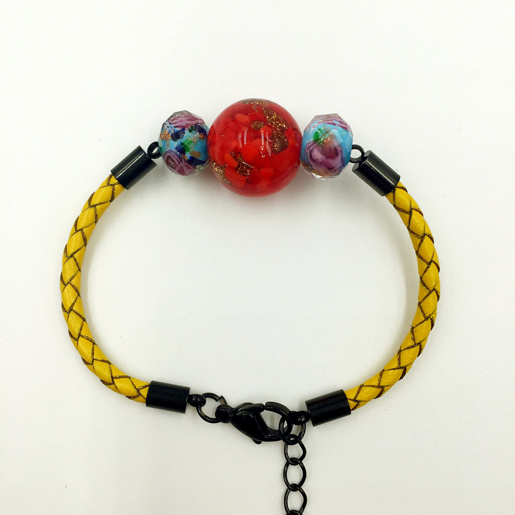 Triple Gold Leaf Red and Flower Turquoise Beads on Yellow Leather,  - MRNEIO LLC