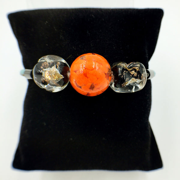 Triple Orange and Gold Leaf Black Beads on Turquoise Leather,  - MRNEIO LLC