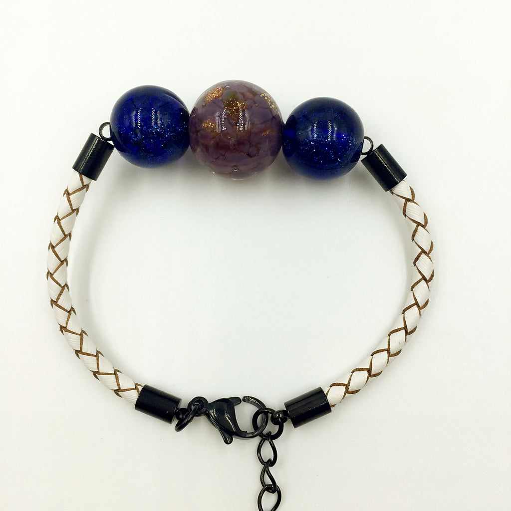 Triple Gold Leaf Purple and Blue Beads on White Leather,  - MRNEIO LLC