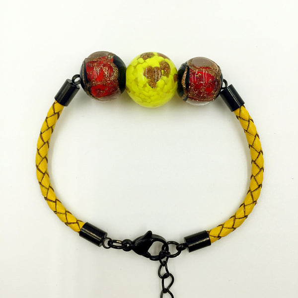Triple Gold Leaf Yellow and Stellar Red Beads on Yellow Leather,  - MRNEIO LLC