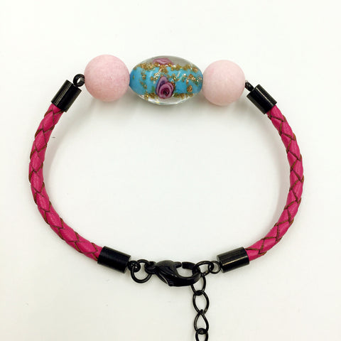 Pink Macaron Turquoise Flower Bead on Rose Red Leather