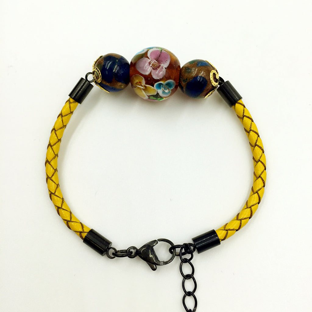 Triple Flower Brown and Gemstone Beads on Yellow Leather,  - MRNEIO LLC
