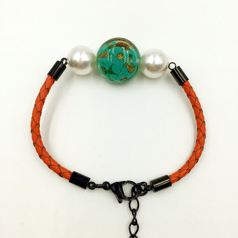 White Pearl Gold Leaf Green Bead on Orange Leather,  - MRNEIO LLC