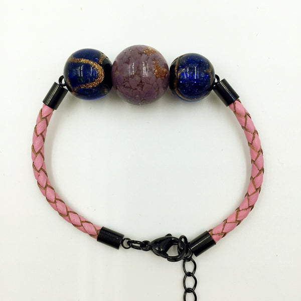 Triple Gold Leaf Purple and Stellar Blue Beads on Pink Leather,  - MRNEIO LLC