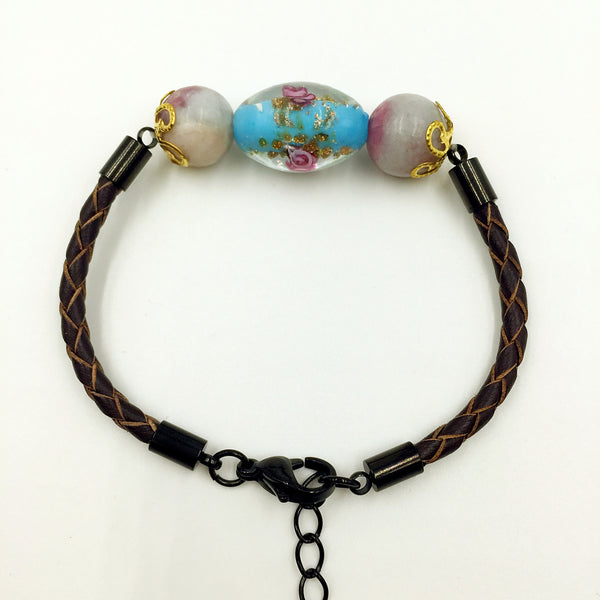 Triple Flower Sky Blue and Gemstone Beads on Brown Leather,  - MRNEIO LLC