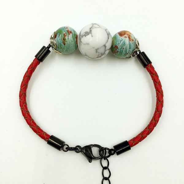 Faux Grey/White and Brown/Green Gemstones on Red Leather,  - MRNEIO LLC
