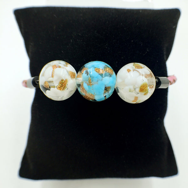 Triple Gold Leaf Sky Blue and White Beads on Pink Leather,  - MRNEIO LLC