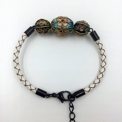 Triple Sky Blue and Black Beads on White Leather,  - MRNEIO LLC