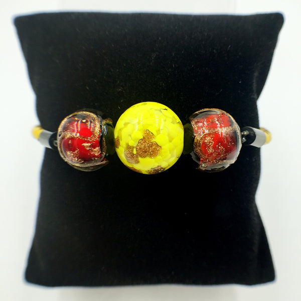 Triple Gold Leaf Yellow and Stellar Red Beads on Yellow Leather