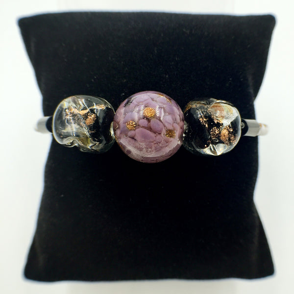 Triple Gold Leaf Purple and Black Beads on White Leather