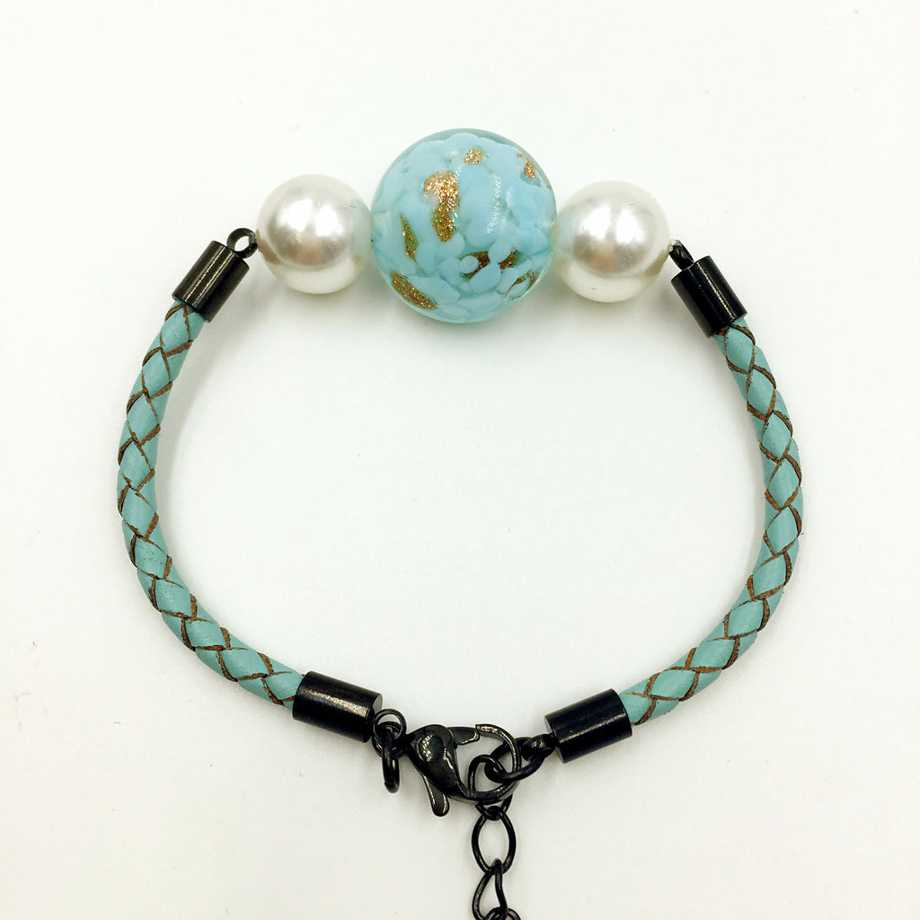 White Pearl Gold Leaf Turquoise Bead on Turquoise Leather,  - MRNEIO LLC