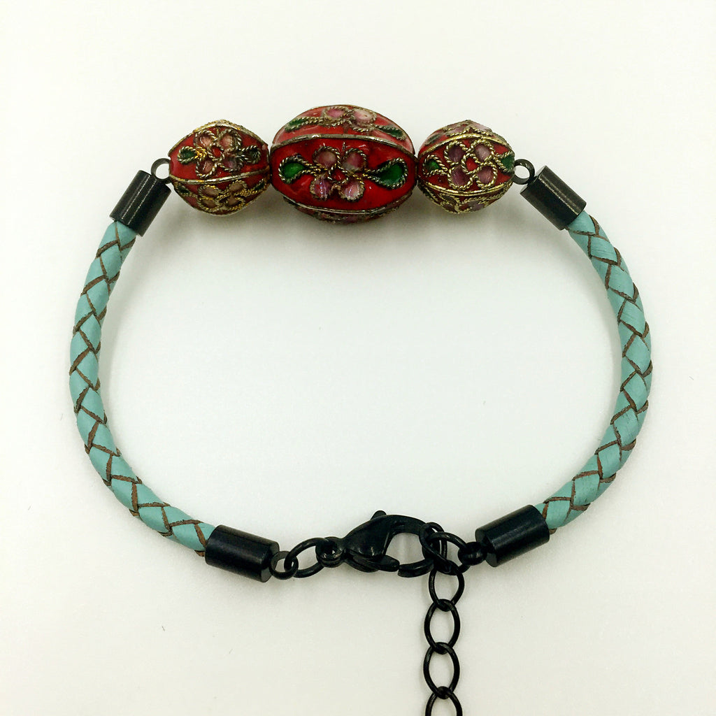 Triple Red Beads on Turquoise Leather,  - MRNEIO LLC