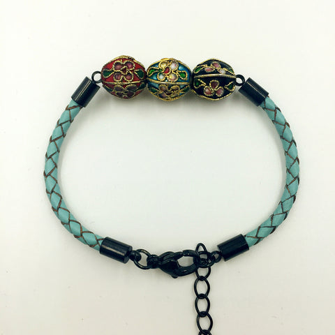 Triple Sky Blue, Red and Black Beads on Turquoise Leather,  - MRNEIO LLC