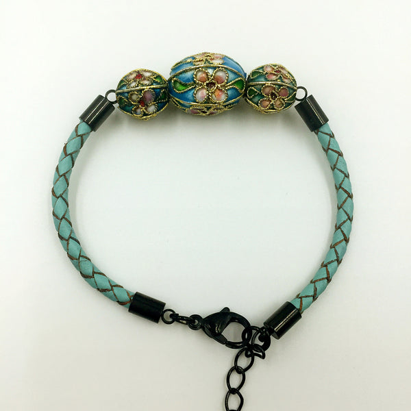 Triple Sky Blue and Green/Blue Beads on Turquoise Leather,  - MRNEIO LLC