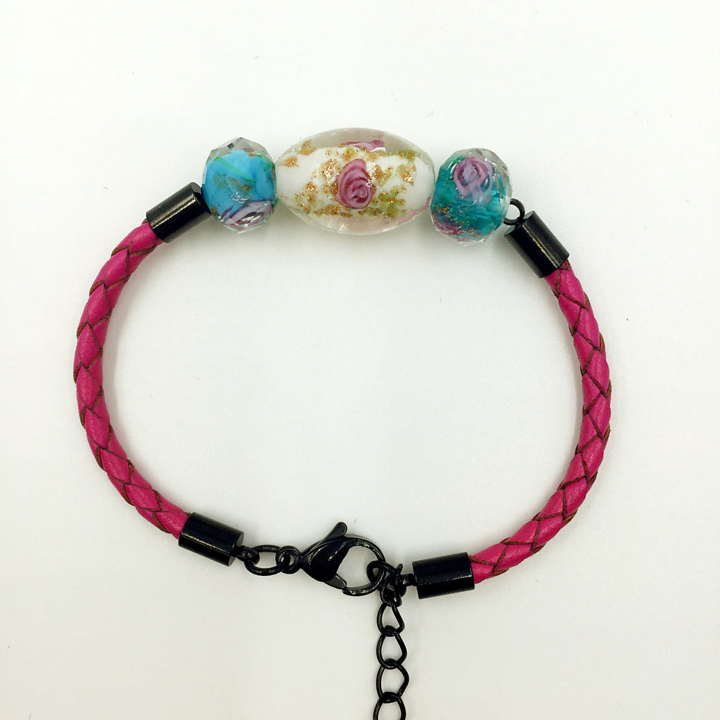 Triple Flower White and Sky Blue Beads on Rose Red Leather,  - MRNEIO LLC
