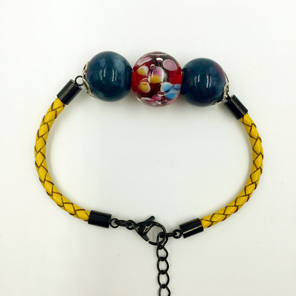 Triple Flower Red and Ceramic Beads on Yellow Leather,  - MRNEIO LLC