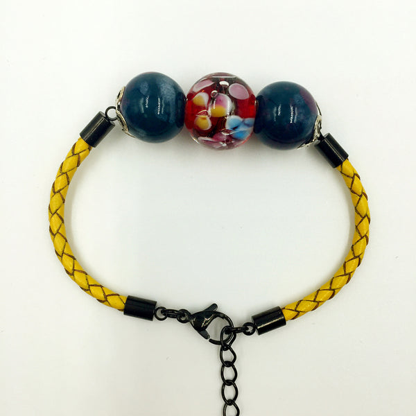 Triple Flower Red and Ceramic Beads on Yellow Leather,  - MRNEIO LLC