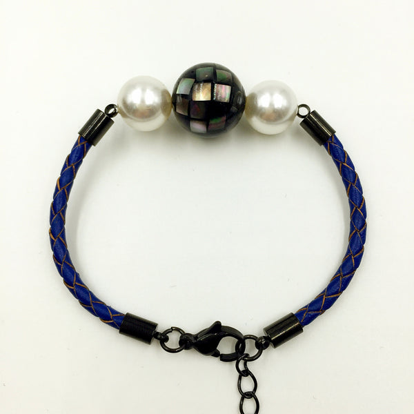 White Pearl Black Mother of Pearl Bead on Navy Blue Leather,  - MRNEIO LLC