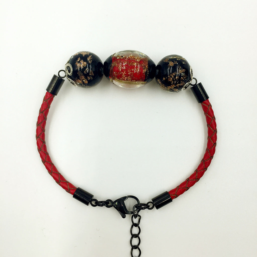 Triple Stellar Red and Black Beads on Red Leather,  - MRNEIO LLC