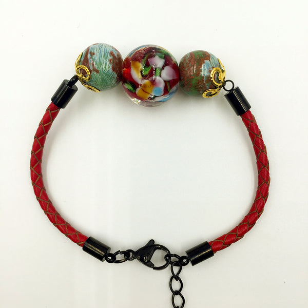 Triple Flower Red and Ceramic Beads on Red Leather,  - MRNEIO LLC