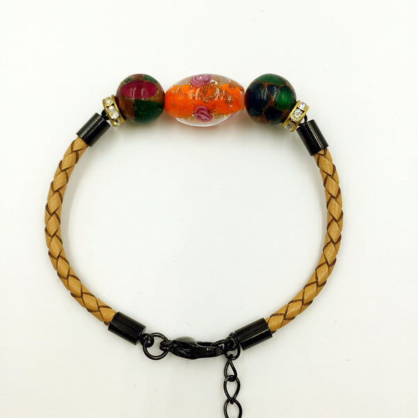 Triple Flower Orange and Gemstone Beads on Yellow Leather,  - MRNEIO LLC