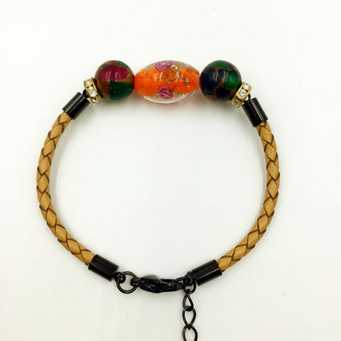 Triple Flower Orange and Gemstone Beads on Yellow Leather,  - MRNEIO LLC