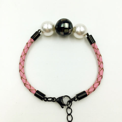 White Pearl Black Mother of Pearl Bead on Pink Leather,  - MRNEIO LLC