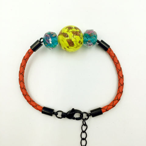 Triple Gold Leaf Yellow and Flower Green/Blue Beads on Orange Leather,  - MRNEIO LLC